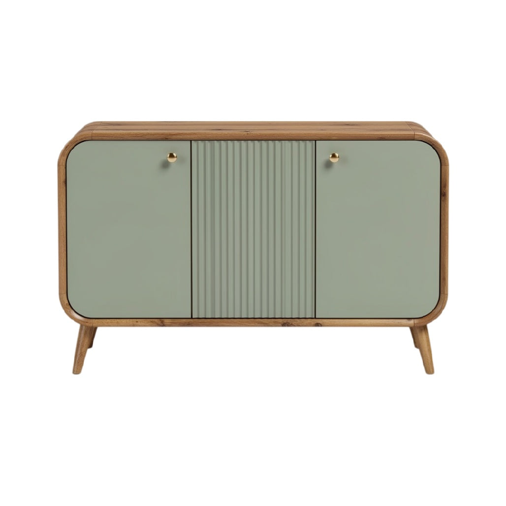 Buffet contemporain en bois et vert pastel avec portes striées