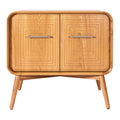 Table de nuit en bois avec finition géométrique et poignées en métal