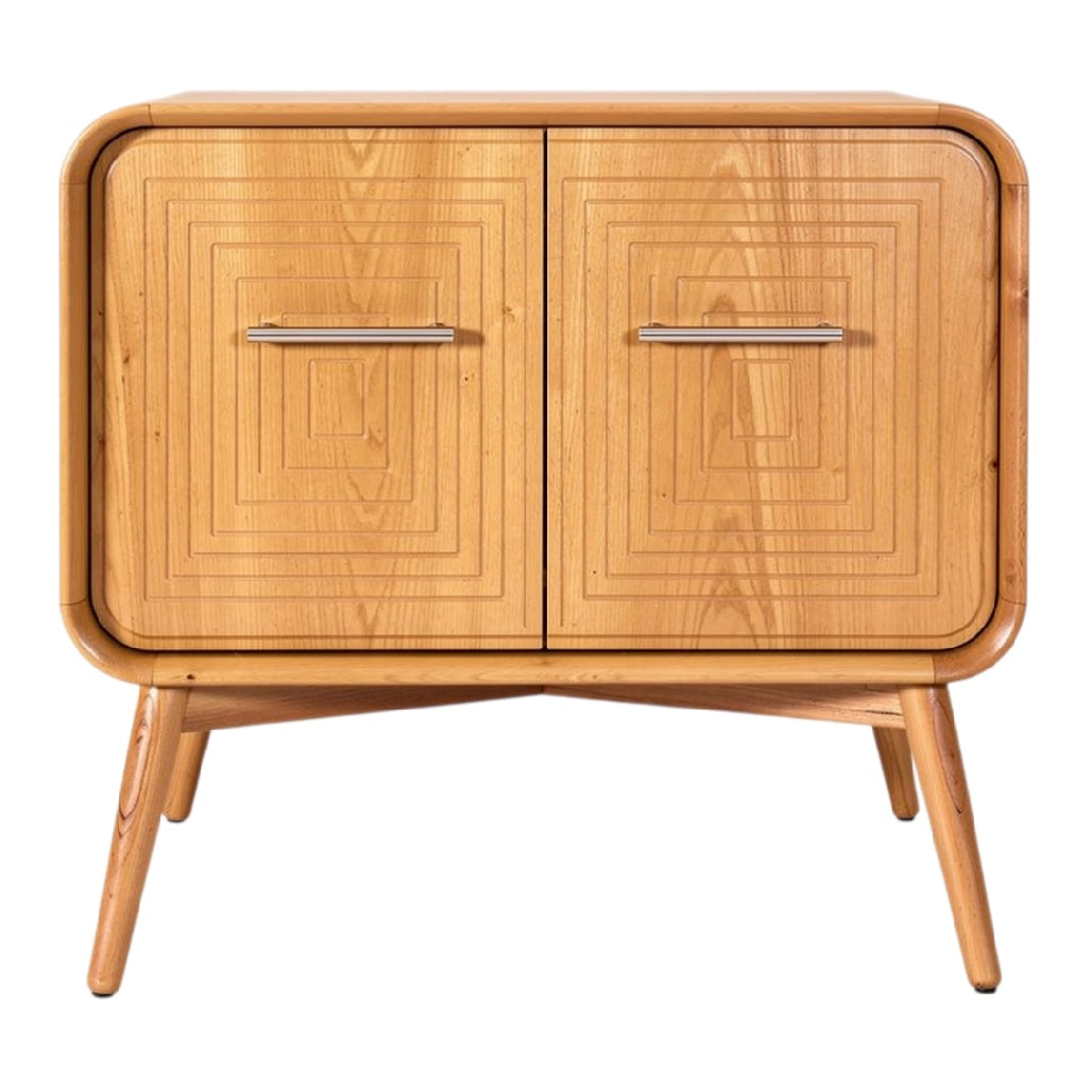 Table de nuit en bois avec finition géométrique et poignées en métal