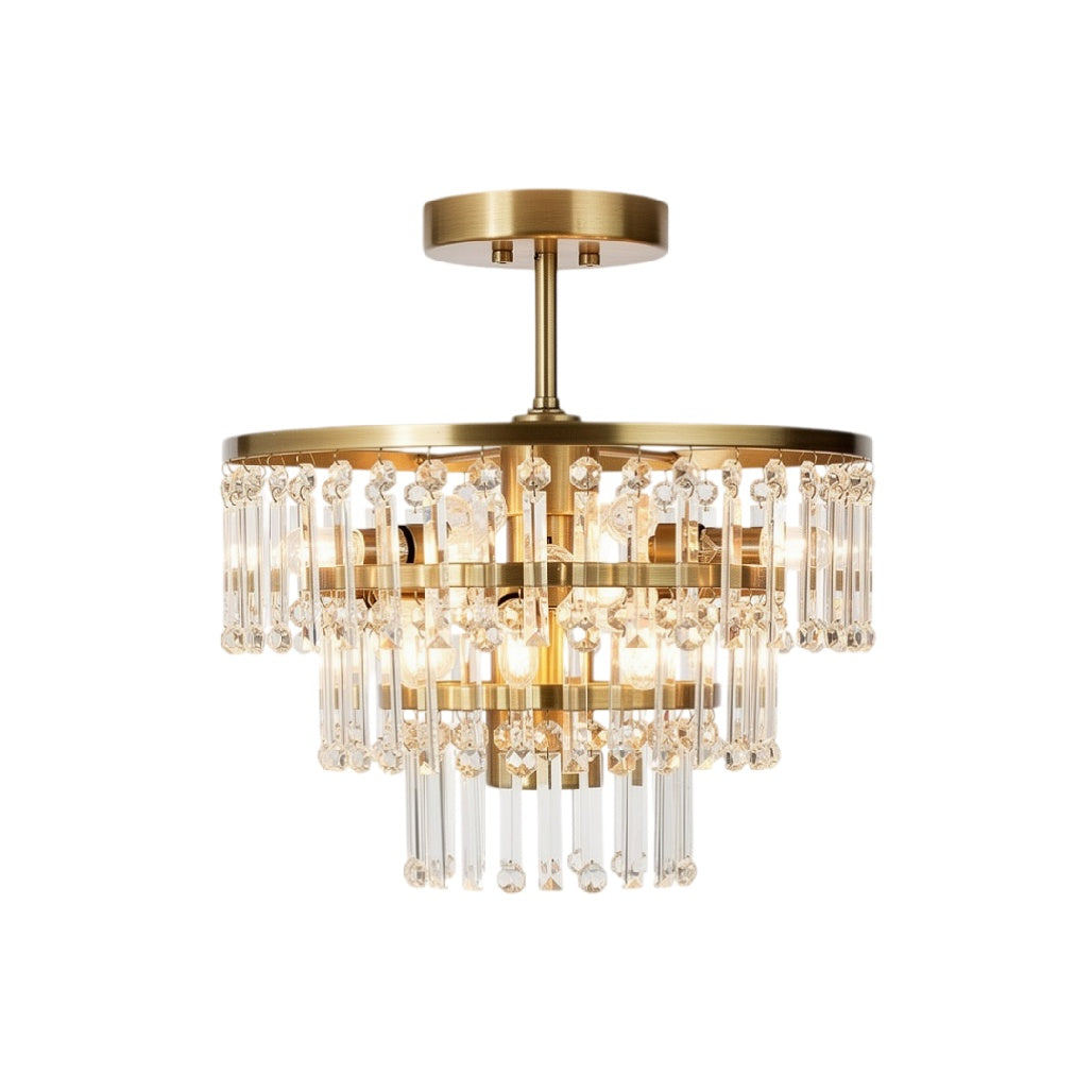 Plafonnier en métal doré avec pendeloques en verre