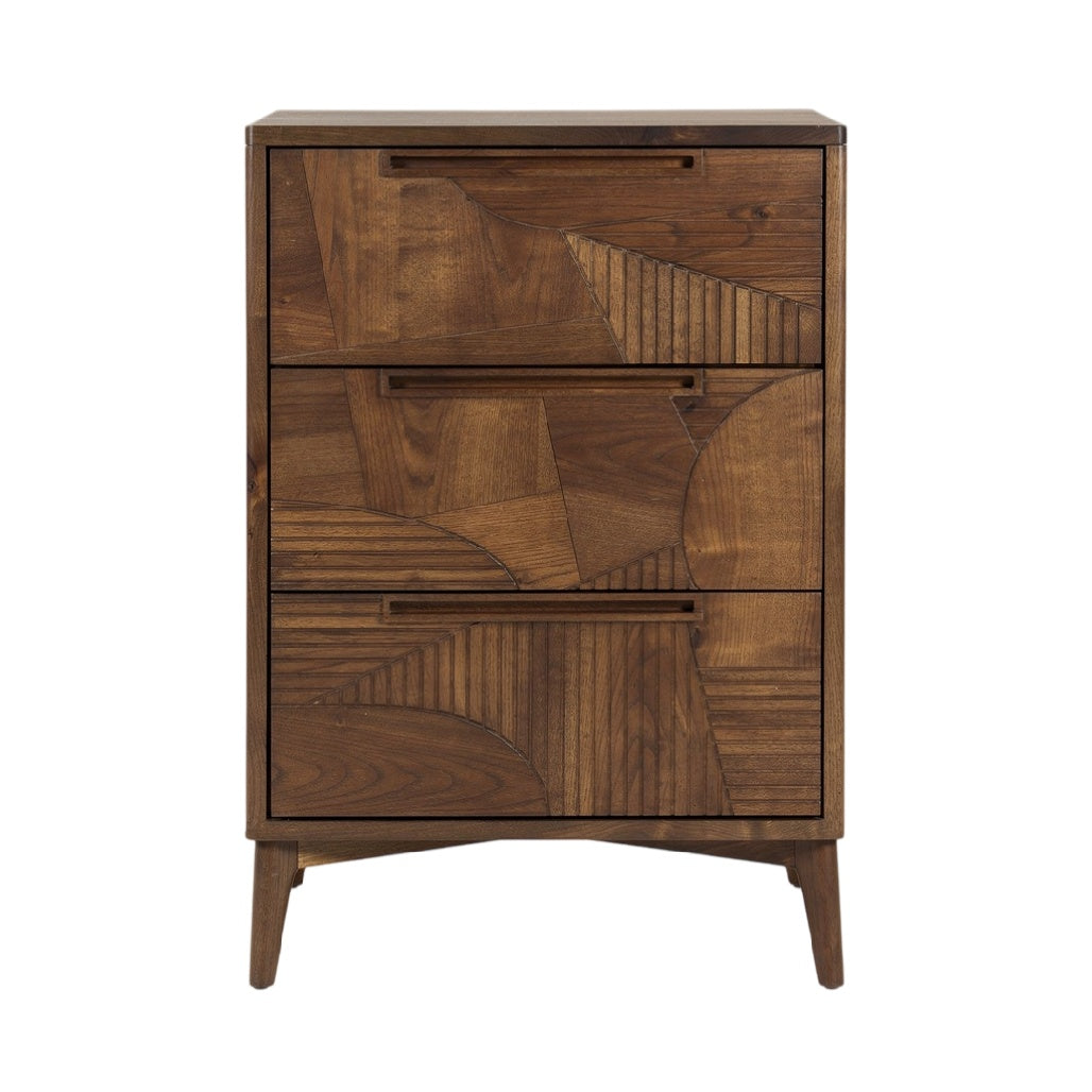 Commode en bois avec motifs géométriques et trois tiroirs