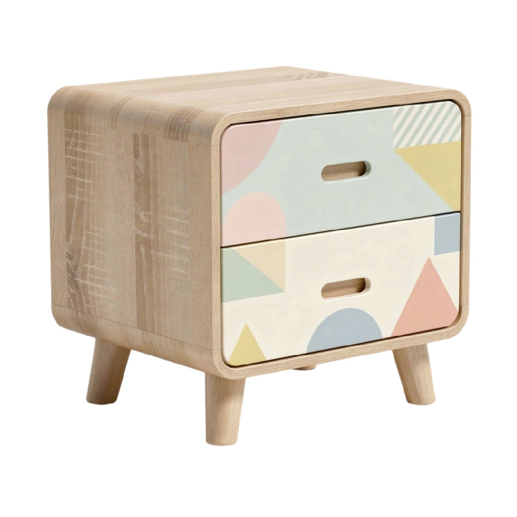 Table de chevet en bois avec tiroirs colorés et design géométrique