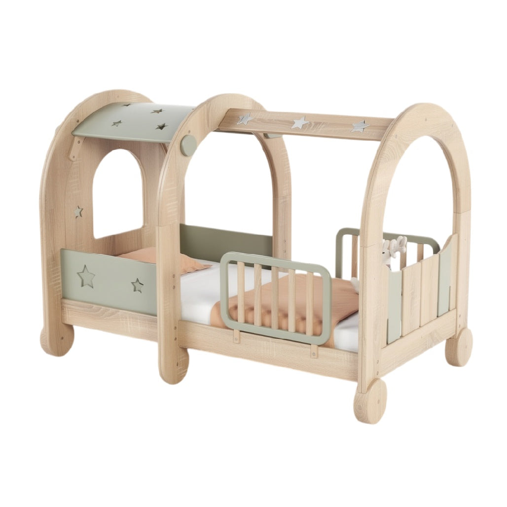 Lit enfant en bois avec design arché, étoiles et barrière de sécurité
